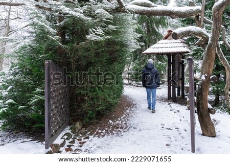A lonely man walks along a path in a park in winter.