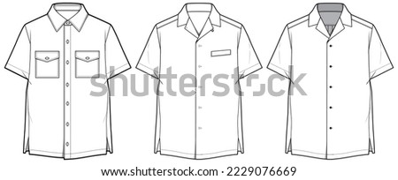 Men's short sleeve hawaiian resort shirt flat sketch illustration, Cuban collar mens aloha shirt for safari casual wear fashion illustration template mock up Royalty-Free Stock Photo #2229076669