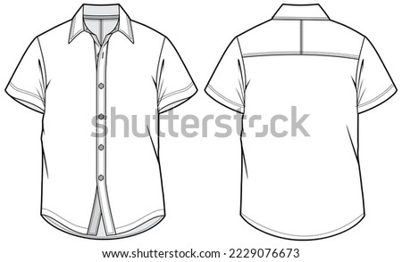 Men's Short sleeves casual shirt flat sketch illustration with front and back view, Woven shirt drawing vector template mock up Royalty-Free Stock Photo #2229076673