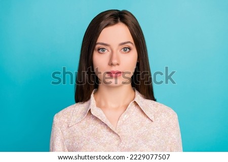 Close up photo of good looking lady after visiting cosmetology spa salon dressed stylish clothes isolated on cyan color background