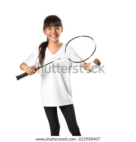 Little asian girls with badminton, Isolate over white