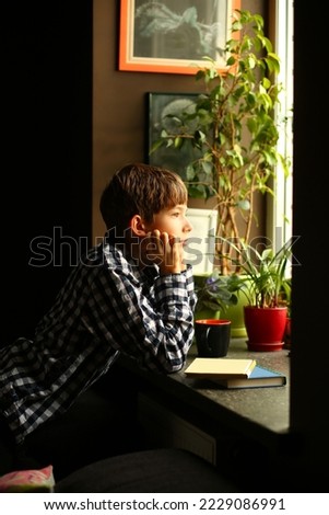 Indoor portrait of a boy dreaming and reading neat the window