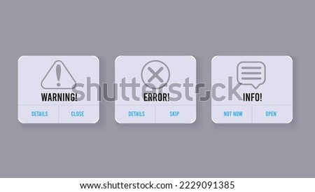 Notification alert popup messages for mobile app design. Warning, Error and Info notifications with text and Icons. Vector ui and ux elements Royalty-Free Stock Photo #2229091385