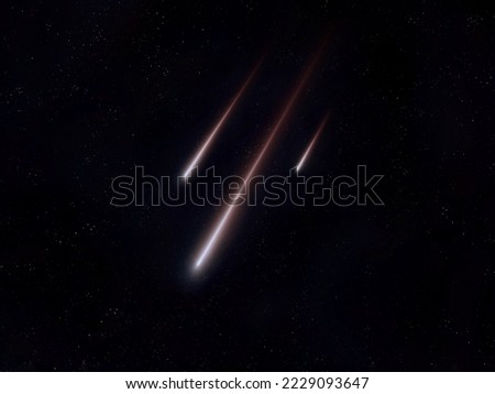Meteor trails in the sky, beautiful star rain. Shooting stars. Three bright meteorites burn up in the atmosphere. Royalty-Free Stock Photo #2229093647