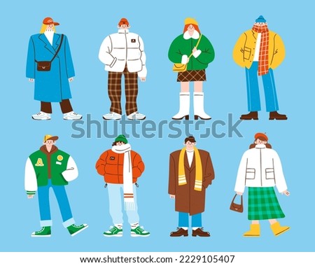 Winter or autumn fashion set. Vector illustration of stylish people wearing warm clothes including jackets, coats and boots. Winter outfits in colorful hand drawn style.