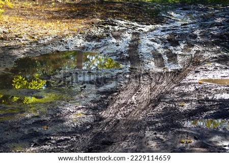 Puddles and mud after heavy rain. Flooded area with traces of cars..
