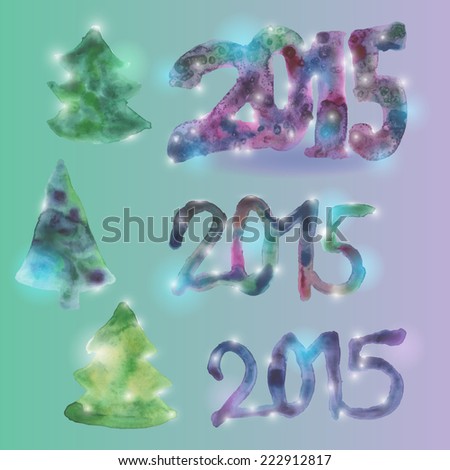 Greeting card set figures and Christmas trees New Year 2015 Watercolor. vector