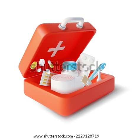 3d Simple Open Red First Aid Kit Plasticine Cartoon Style. Vector illustration of Doctor Suitcase with Medical Supplies Royalty-Free Stock Photo #2229128719