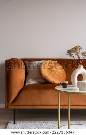 Close-up on elegant, velvet, ocher colored sofa with pillows and decorations on coffee table Royalty-Free Stock Photo #2229136347