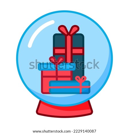 A snow globe with Christmas gifts. Cute flat vector illustration. Boxes with bows, New Year, minimalism. Design, decoration of postcards, invitations, websites. Icon, Logo
