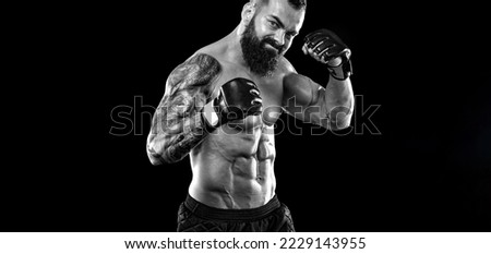 Boxer boxing on black background with neon lights. Sports website header template. Copy space for text design.