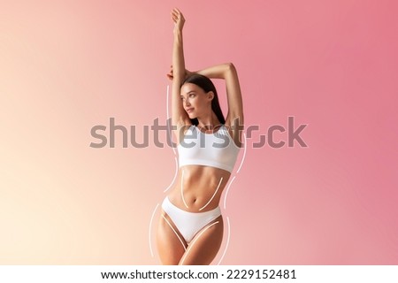 Young Beautiful Woman With Perfect Body In Underwear Posing Over Pink Gradient Background, Slim Female With Drawn Lifting Up Lines On Fit Figure Standing With Raised Arms And Looking Away, Collage Royalty-Free Stock Photo #2229152481