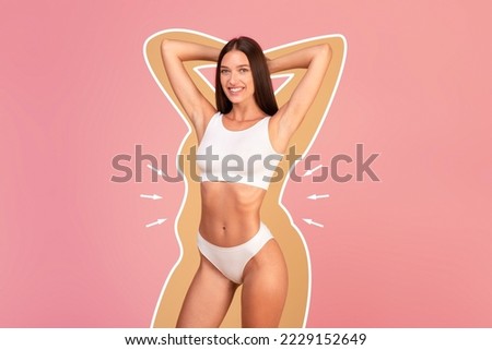 Slimming Concept. Happy Beautiful Woman In Underwear With Fat Silhouette Outlines Around Body Posing Isolated Over Pink Background, Smiling Fit Female Standing With Raised Arms, Collage