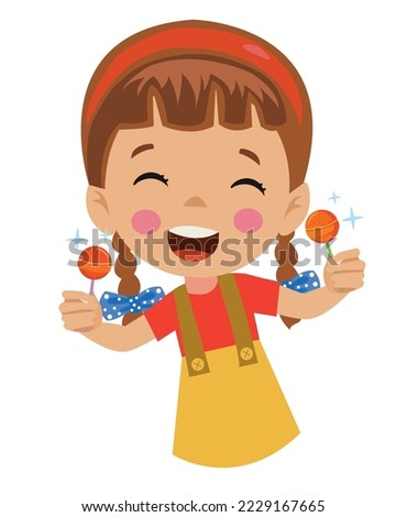 Funny girl holding lolipop Cute cartoon kid with sweet candy