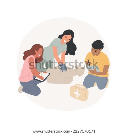 Basic first-aid skills isolated cartoon vector illustration. Medical education, learn basic emergency help, practice doll patient cpr, high school curriculum, training course vector cartoon. Royalty-Free Stock Photo #2229170171