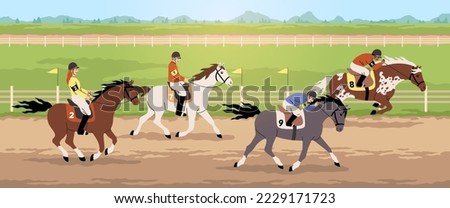 Equestrian competitions. Horse racing, hippodrome sport tournament, professional jockeys wearing helmets on racehorses, gallop and jump, cartoon flat isolated characters, tidy vector concept
