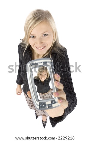 headshot of young blonde woman with palmtop (white background)