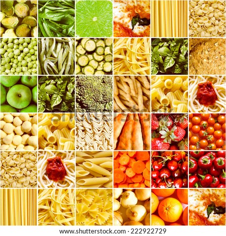 Vintage looking Food collage including pictures of vegetables, fruit, pasta and more
