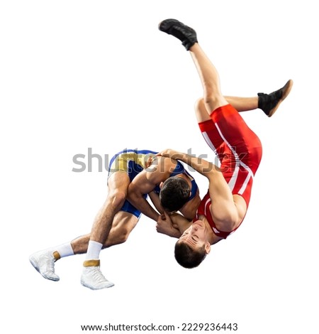 Two young men in blue and red wrestling tights are wrestlng and making a suplex wrestling on a white background