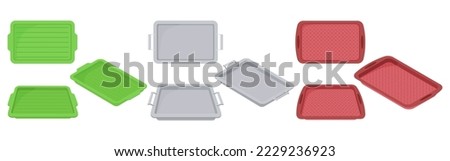 A set of plastic food trays.Trays for carrying food and serving in fast food establishments and cafeterias .Trays made of wood, metal and plastic.Vector illustration. Royalty-Free Stock Photo #2229236923
