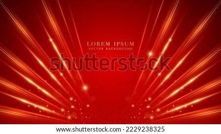 Golden lines with sparkle glow, glitter light and beam effect on red luxury background. Vector illustration
