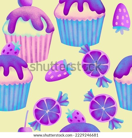Hand drawn seamless pattern with pastel holographic dreamy dessert sweet food. Pink blue purple cake cupcake macaroon biscuit tasty bakery baking, birthday party design, trendy confectionery art.