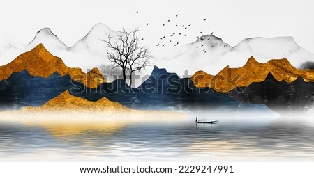 Modern abstract Chinese landscape art background. Stylish modern wall art, ink wash, golden mountains, scenery