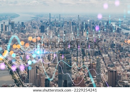 Aerial panoramic helicopter city view of Upper Manhattan, Midtown and Downtown, New York, USA. Forex candlestick graph hologram. The concept of internet trading, brokerage, analysis