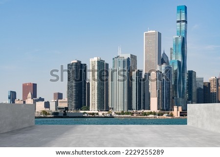 Skyscrapers Cityscape Downtown, Chicago Skyline Buildings. Beautiful Real Estate. Day time. Empty rooftop View. Success concept.