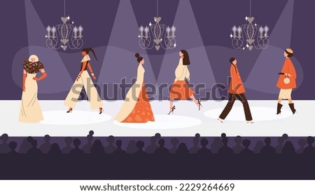Fashion show background with models demonstrate a new collection of designers clothes, cartoon flat vector illustration. Fashion industry banner or poster concept.