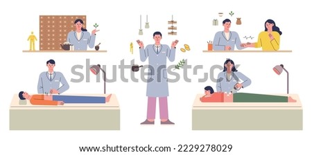 Oriental clinic. Oriental doctors treating patients and patients receiving various treatments. Royalty-Free Stock Photo #2229278029