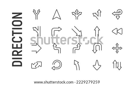 Vector set of direction thin line icons. Design of 20 stroke pictograms. Signs of direction isolated on a white background.