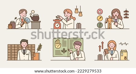 Asian traditional doctors. Doctors are preparing or explaining medicine. Upper body characters giving explanations. Royalty-Free Stock Photo #2229279533