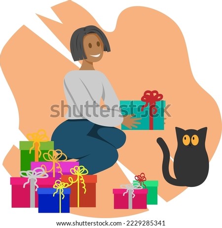 Dark-skinned girl sorts out gifts with a cat