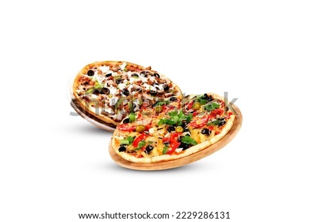 Two Tasty Hot Pizza Set Fall from Sky, Front View in white background Royalty-Free Stock Photo #2229286131