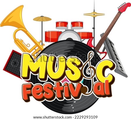 Music Festival text with musical instruments illustration