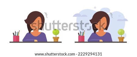 Woman teacher sitting on table desk vector or secretary reception smiling young girl portrait flat cartoon graphic illustration clipart, person character sit in office desktop modern design