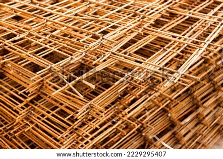 Rebar, reinforcing bars or steel close up, reinforcement steel, wires mesh of steel used as a tension device in reinforced concrete