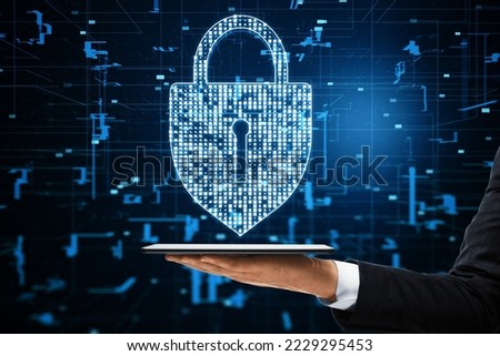 Close up of businessman hand holding mobile phone creative glowing digital padlock hologram on blurry dark background. Secure, safety and protection concept