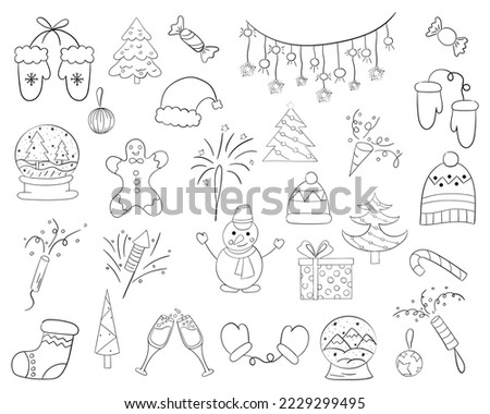 A set of Christmas icons with a thin line , vector doodle illustration.
