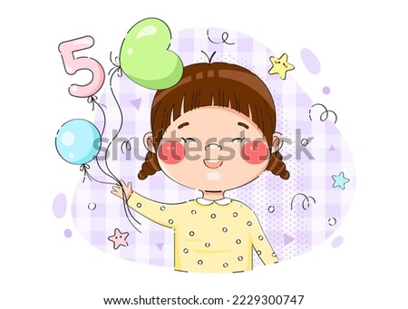Five year old cute girl celebrating her birthday with balloons on colorful background with abstract confetti. Vector illustration.