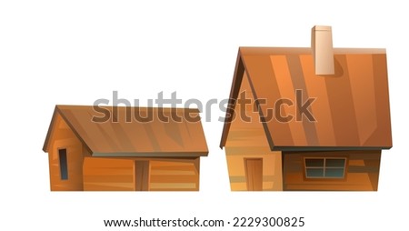 Set of Farm wooden house with barn. Cartoon fun style. Flat design. Vector.