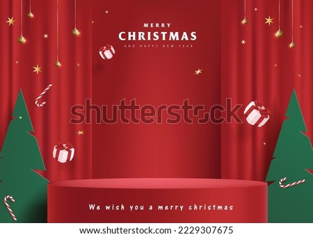 Merry Christmas banner with stage product display cylindrical shape and festive decoration for christmas Royalty-Free Stock Photo #2229307675