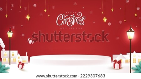 Merry Christmas banner winter town landscape background and snow product display cylindrical shape 