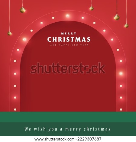 Merry Christmas banner with table product display and Retro light bulbs sign background