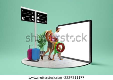 Departure. Happy family going to summer vacation trip using 3d model of digital device with empty white screen isolated on green background. New app, holiday, travel, ad concept