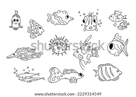 Cute fish doodle set. Vector collection of cartoon outline sea abodes. Wild marine life in hand drawn style. Doodle black and white illustration for kids. Swimming fish isolated.