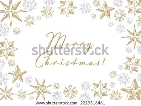 Merry Christmas and Happy New Year horizontal greeting card with hand drawn golden five pointed stars and snowflakes. Vector illustration in sketch style. Festive background