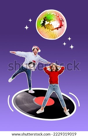 Vertical collage picture of two positive excited people dancing partying big vinyl record disco ball isolated on creative background