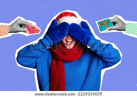Creative collage picture of excited girl cover eyes two arms black white colors hold mini little giftbox isolated on drawing background